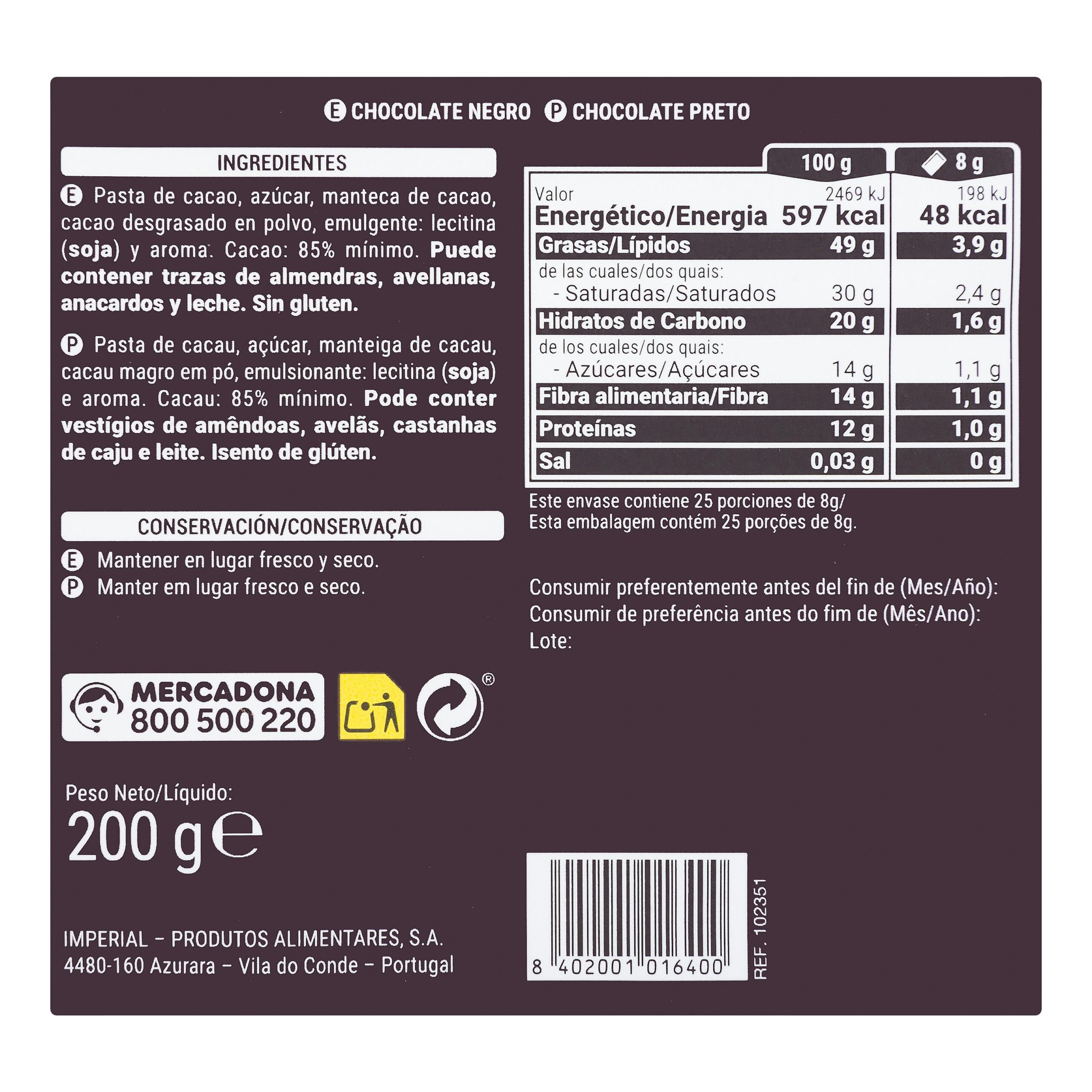 Etiqueta Porciones de Chocolate negro 85% cacao extrafino Hacendado